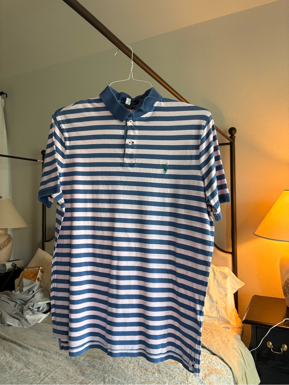 Polo by Ralph Lauren Men’s Blue and Pink Striped Polo Shirt